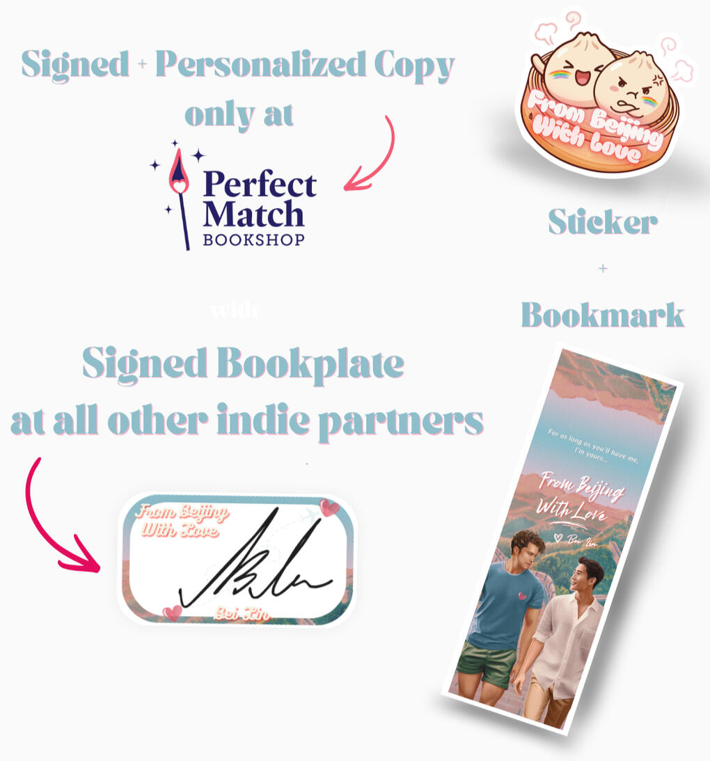Book cover for From Beijing, With Love by Bei Lin - LGBTQ+ contemporary romance - Release Date September 29, 2026 - Cover depicts the two main characters standing on top of the Great Wall of China - Cover design by Débora Islas