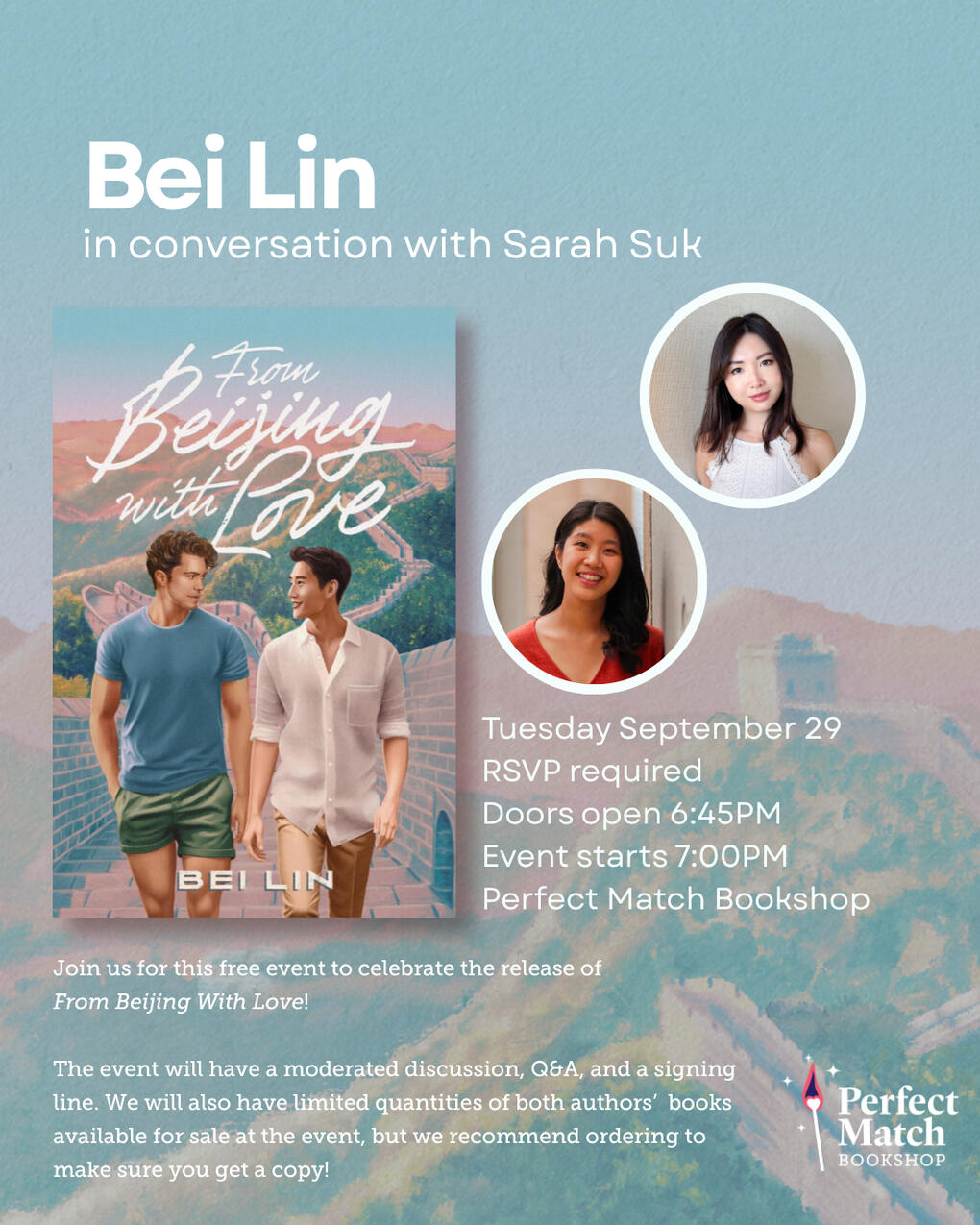 Book cover for From Beijing, With Love by the author Bei Lin - critically acclaimed LGBTQIA+ contemporary romance novel with starred trade reviews from Kirkus and publishers weekly - Release Date September 29, 2026 - Cover depicts the two main characters s